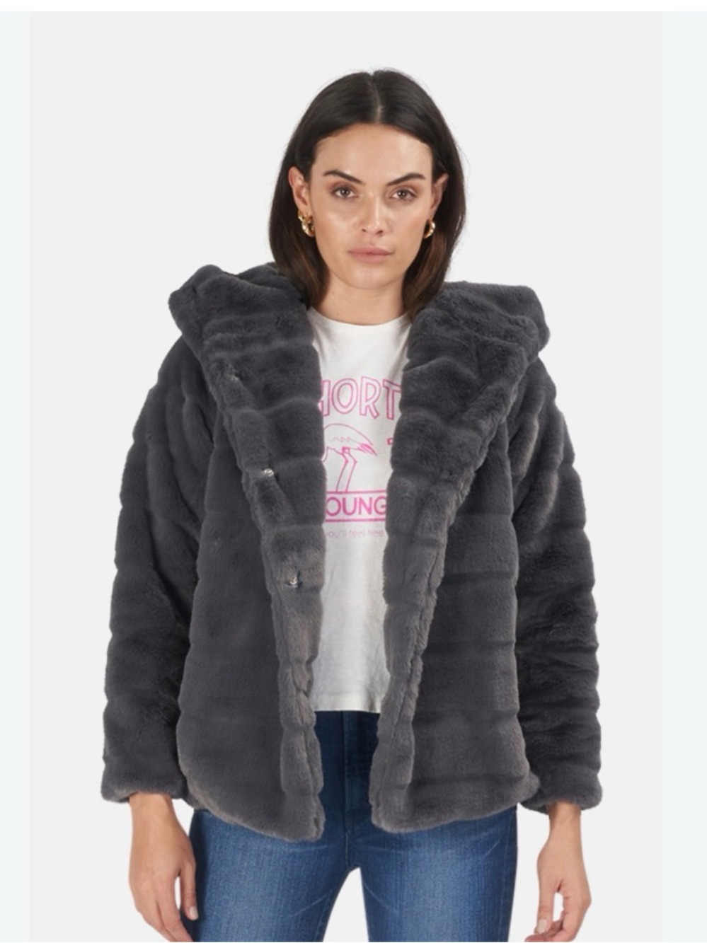 Apparis Goldie Gray Plush Faux-Fur Hooded Coat